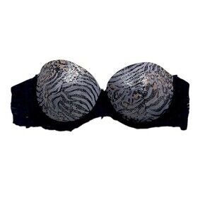 Tarea By Rue 21 Strapless Bra Metallic Black Gray Lace Band Animal Print Sz 36D
